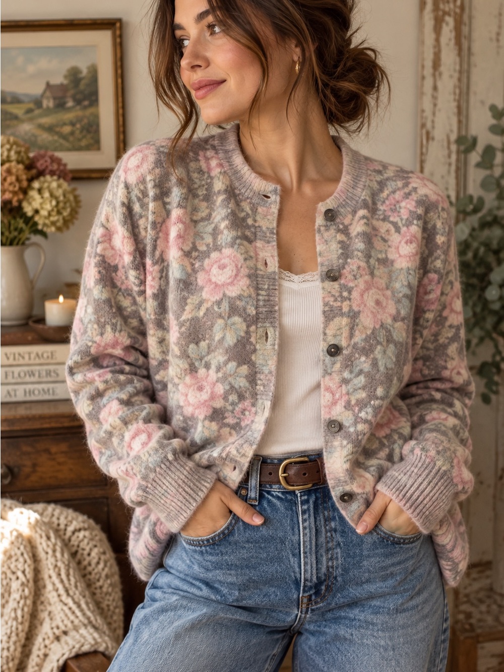 Vintage 90s The Clever Shepherd Angora Lambswool Floral Cardigan Cottagecore
